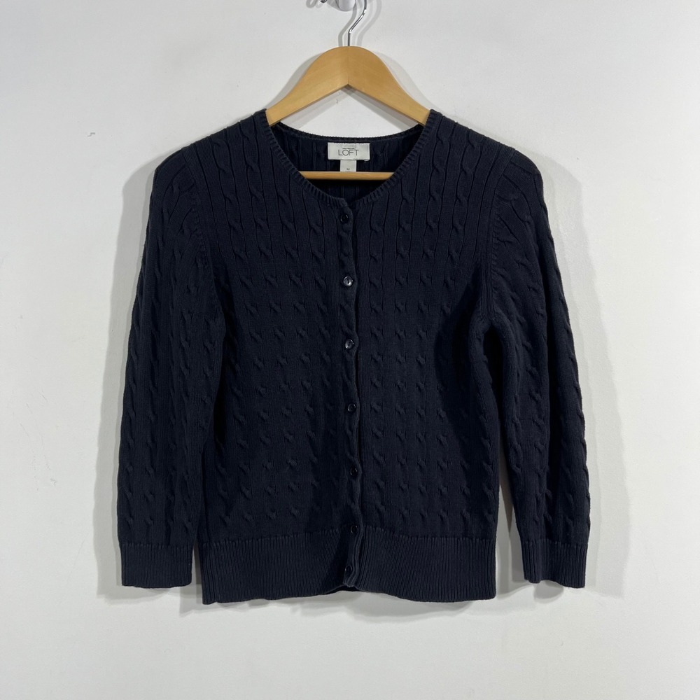Ann Taylor Parisian Fisherman Navy Cable Knit Button Front Cardigan Medium
